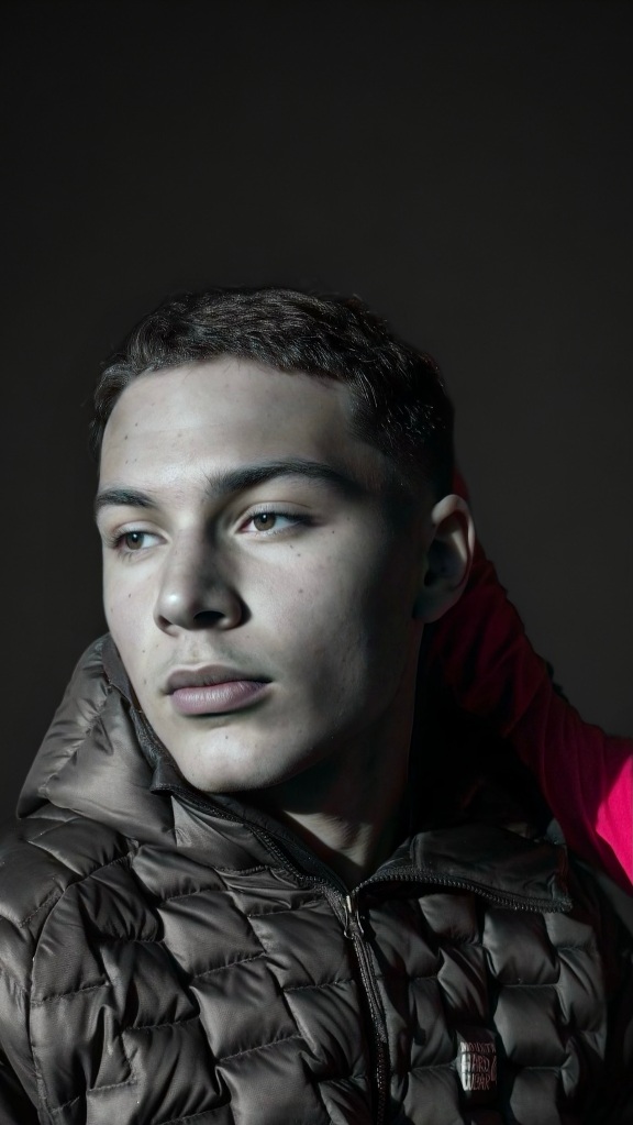 A young man in a black puffer jacket, looking thoughtfully at the side with a soft light illuminating his face.