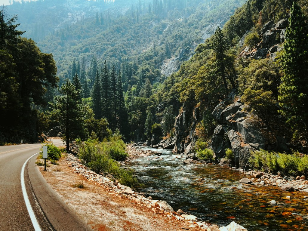 A winding road alongside a flowing river surrounded by lush green forested mountains, Kings Canyon, CA